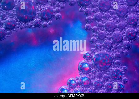 Macro view of translucent oil bubbles clustered on a vivid blue, purple, and pink liquid background, creating an abstract scientific texture with lumi Stock Photo