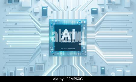 A central AI processor connects to symmetrical glowing circuits across a white electronic board, visualizing data processing and digital technology. Stock Photo