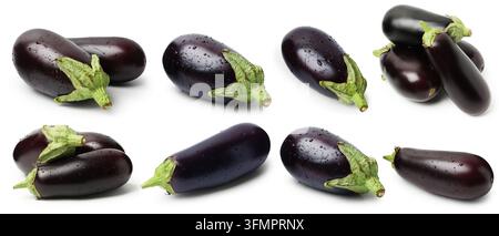 Fresh eggplants with water drops isolated on white, set Stock Photo