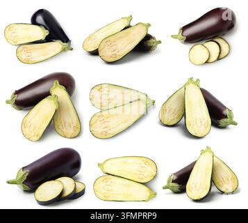 Fresh eggplants isolated on white, set. Whole and sliced Stock Photo