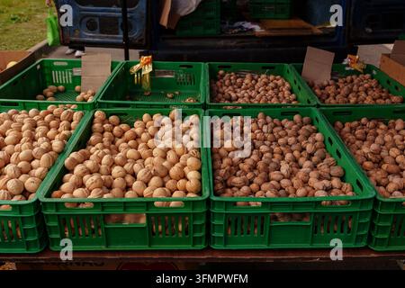 Walnuts in boxes at an autumn market stall. The concept of seasonal food retail, winter stocks preparation, domestic food supply Stock Photo