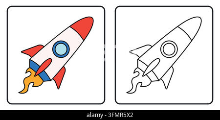 Cartoon space rocket coloring page with colored sample isolated on white background. Stock Vector