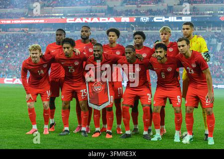 Toronto, ON, Canada - September 26, 2026: Jacob Shaffelburg #14 of Canada, Nathan Saliba #25 of Canada, Cyle Larin #9 of Canada, Jonathan David #20 of Stock Photo