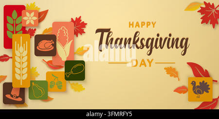 A festive Thanksgiving greeting featuring various autumn icons like turkeys, pumpkins, and wheat, set against a light beige background with warm reds, Stock Vector