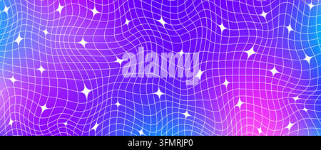 Iridescent trippy Y2k sparkle grid mesh background. Purple distorted wireframe with stars. Groovy gradient twinkle and checkered wallpaper. Vector colorful gradation nostalgic aesthetic tile texture Stock Vector