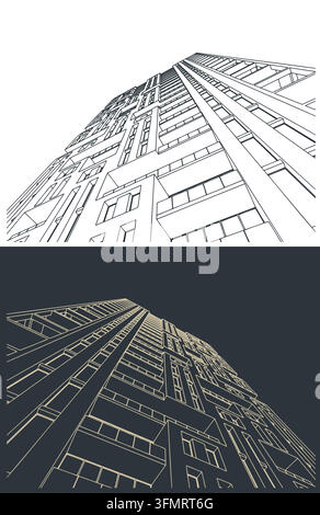 Modern skyscraper from a low angle view. Architectural drawing and geometric sketch pack with black, white and dark grey variations Stock Vector