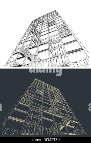 Modern skyscraper from a low angle view. Architectural drawing and geometric sketch pack with black, white and dark grey variations Stock Vector