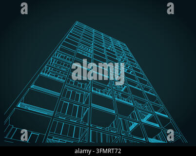 Modern skyscraper from a low angle view  blueprint. Architectural drawing and geometric sketch Stock Vector