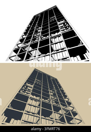 Modern skyscraper looking up from a low angle vector illustration. High contrast geometric architecture, corporate building perspective and future cit Stock Vector