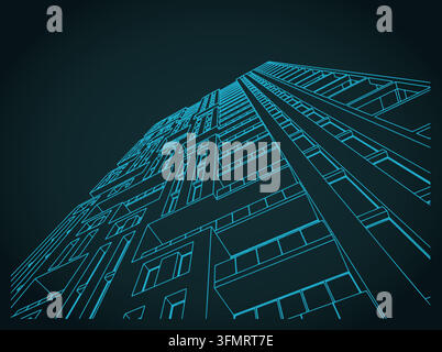 Modern skyscraper from a low angle view  blueprint. Architectural drawing and geometric sketch Stock Vector