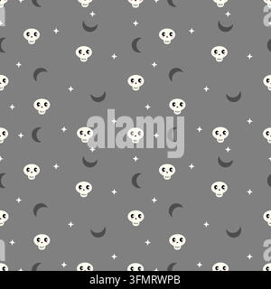 Cute seamless Halloween pattern featuring kawaii skulls, crescent moons and sparkling stars on a gray background, ideal for fabric, wallpaper, wrappin Stock Vector