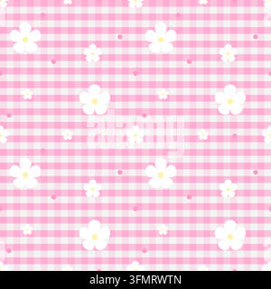 Bright hot pink gingham seamless pattern featuring playful white flowers with yellow centers and scattered pink dots Stock Vector