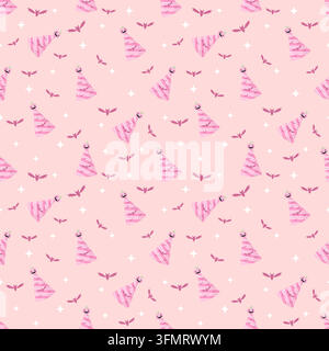 Bright hot pink Halloween seamless pattern with smiling pumpkin party hats, flying bats and white sparkles for a fun and playful seasonal background Stock Vector