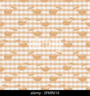 Cozy beige caramel whale pattern with cute cartoon whales and tiny white sparkles on a warm gingham check background, ideal for neutral nursery and te Stock Vector