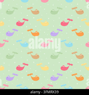 Fresh pastel seamless pattern featuring cute colorful whales with tiny white stars and dots scattered across a soft mint green background Stock Vector