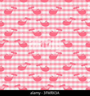 Lovely coral pink cartoon whales with white sparkles arranged in a seamless repeat over a soft pink gingham check background for cute nursery and surf Stock Vector
