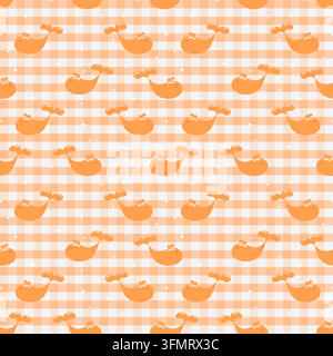 Warm orange kawaii whales and tiny white sparkling stars repeat over a soft orange gingham check background for cheerful fabric, nursery and decorativ Stock Vector