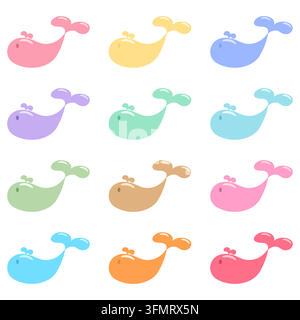 Colorful collection of cute whale characters in 12 pastel color variations with playful water splash tails, isolated on white background for marine an Stock Vector