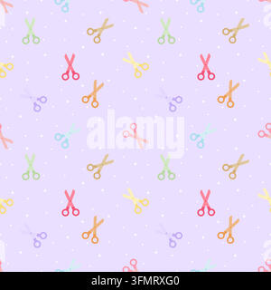 Whimsical seamless pattern with colorful scissors, small white dots and sparkling stars on a light pastel purple background for craft, sewing and stat Stock Vector