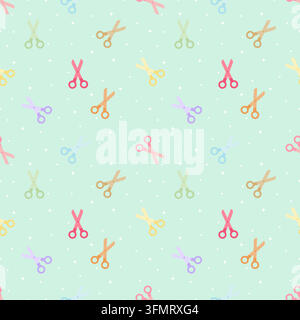 Cute repeating pattern featuring multicolored scissors, tiny white dots and sparkling stars on a fresh pastel mint green background for sewing and cra Stock Vector
