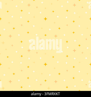 Cheerful seamless star pattern with white, golden yellow and soft orange sparkles on a pastel yellow background. Bright decorative design for wallpape Stock Vector