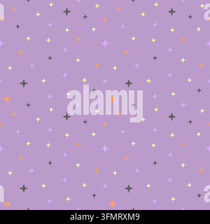 Playful Halloween seamless pattern featuring green, orange, dark gray and lavender sparkling stars on a muted purple background. Festive design for wr Stock Vector
