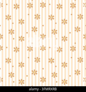 Warm caramel beige daisy flowers with yellow centers on soft cream and white vertical stripes, creating a cozy neutral floral seamless pattern Stock Vector