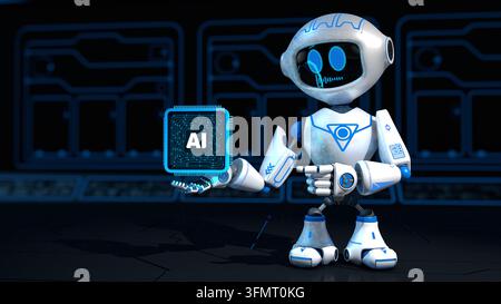 Front view of a small white robot with blue graphics, holding an artificial intelligence microchip with its right arm and pointing at it with its left Stock Photo