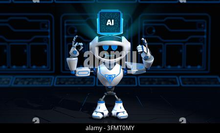 Front view of a small white robot with blue graphics, featuring an artificial intelligence microchip emerging from its head and pointing at the chip w Stock Photo
