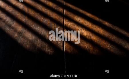 Diagonal Light Shadows On Dark Wooden Surface Background Stock Photo