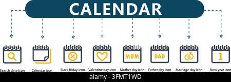 Calendar line icon vector infographic featuring seven outline date symbols including search date, black Friday, Valentine, Mother, and New Year. Stock Vector
