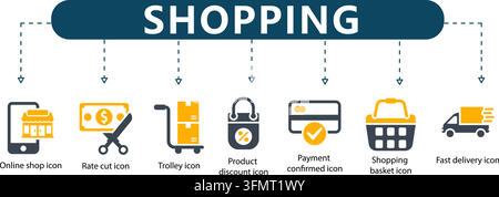 Shopping line icon vector infographic featuring seven outline commercial symbols including an online shop, rate cut, trolley, and fast delivery. Stock Vector