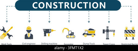 Construction line icon vector infographic featuring seven outline symbols including work tools, civil engineer, excavator, dump truck, and tower crane Stock Vector