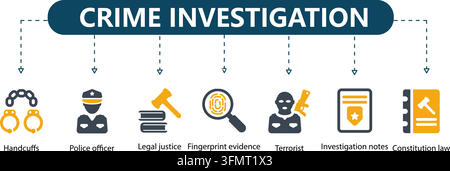 Crime investigation line icon vector infographic featuring seven outline symbols including handcuffs, police officer, legal justice, and fingerprints. Stock Vector