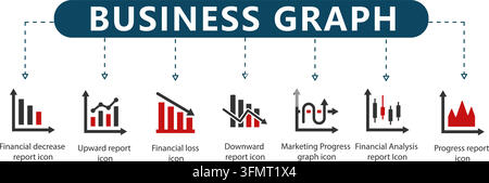 Business graph line icon vector infographic featuring seven outline financial charts including decrease, upward report, loss, and marketing analysis. Stock Vector