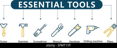 Essential tools line icon vector infographic featuring seven outline symbols including a screw, hammer, screwdriver, wrench, handsaw, and drill. Stock Vector