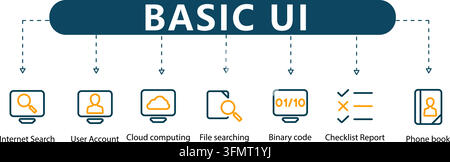 Basic UI line icon vector infographic featuring seven outline interface symbols including internet search, user account, cloud computing, and binary Stock Vector