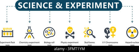 Science and experiment line icon vector infographic featuring seven outline symbols including test tubes, chemistry, cell, skull bones, and chromosome Stock Vector