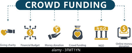 Crowdfunding line icon vector infographic featuring six outline symbols including charity, financial budget, donation, NGO, and online funding. Stock Vector