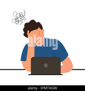 Stressed employee feeling overwhelmed by work clutter and mental exhaustion while sitting in front of a laptop at his office desk illustration Stock Vector