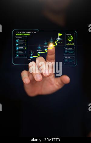 Finger touching glowing strategic direction digital roadmap hologram displaying Route to Success milestones, progress tracking dashboard, execution pa Stock Photo