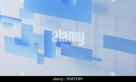 Blue translucent rectangles float across a transparent glass grid in a clean abstract technology background. Stock Photo