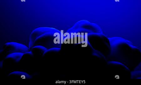 Textured rounded forms emerge from darkness under electric blue light, creating a futuristic organic abstract background. Stock Photo