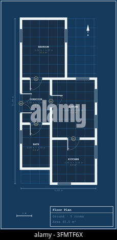 2D architectural blueprint floor plan illustration of a single-story house layout set against a classic dark blue grid background. Features detailed Stock Vector