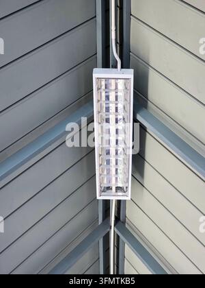 An outdoor fluorescent light fixture mounted on gray metal siding at building corner with exposed conduit and geometric reflection Stock Photo