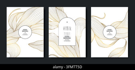 Luxury gold leaf pattern with elegant golden leaves, floral elements, art deco covers, backgrounds. Wedding cards, invitations, spa branding Stock Vector