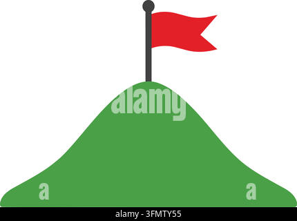 Flat illustration of a smooth green hill topped by a tall dark pole with a waving red flag Stock Vector