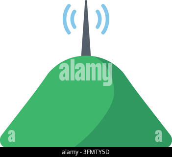 Flat illustration of a green hill topped by a dark antenna mast emitting blue wireless signal waves Stock Vector