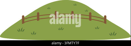 Flat illustration of a low green grassy hill crossed by a simple brown wooden fence near the top Stock Vector