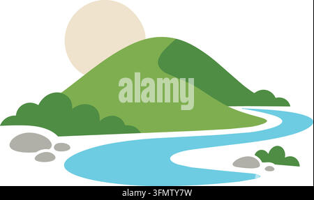 Flat illustration of a bright blue river winding between green hills with rocks shrubs and a pale sun in the background Stock Vector